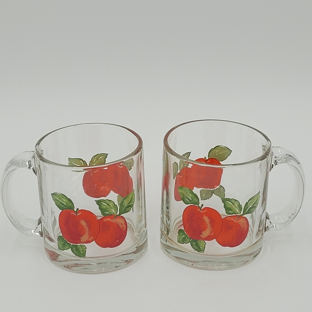 Vintage Libby Glass Harvest Fruit Apple Design Mugs - Set of 2
